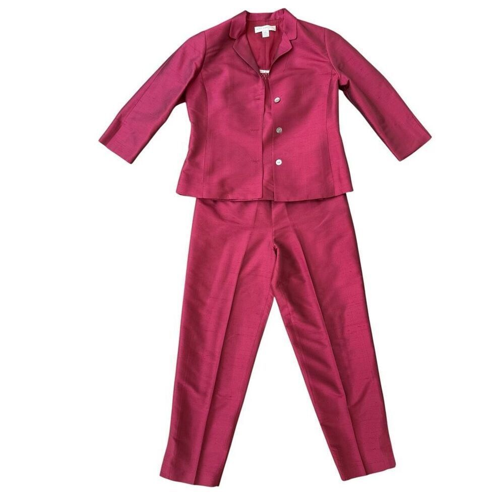 Petite Sophisticate vintage 3 Pc 100% Silk Pant Suit Fuchsia Pink Beaded Sz S